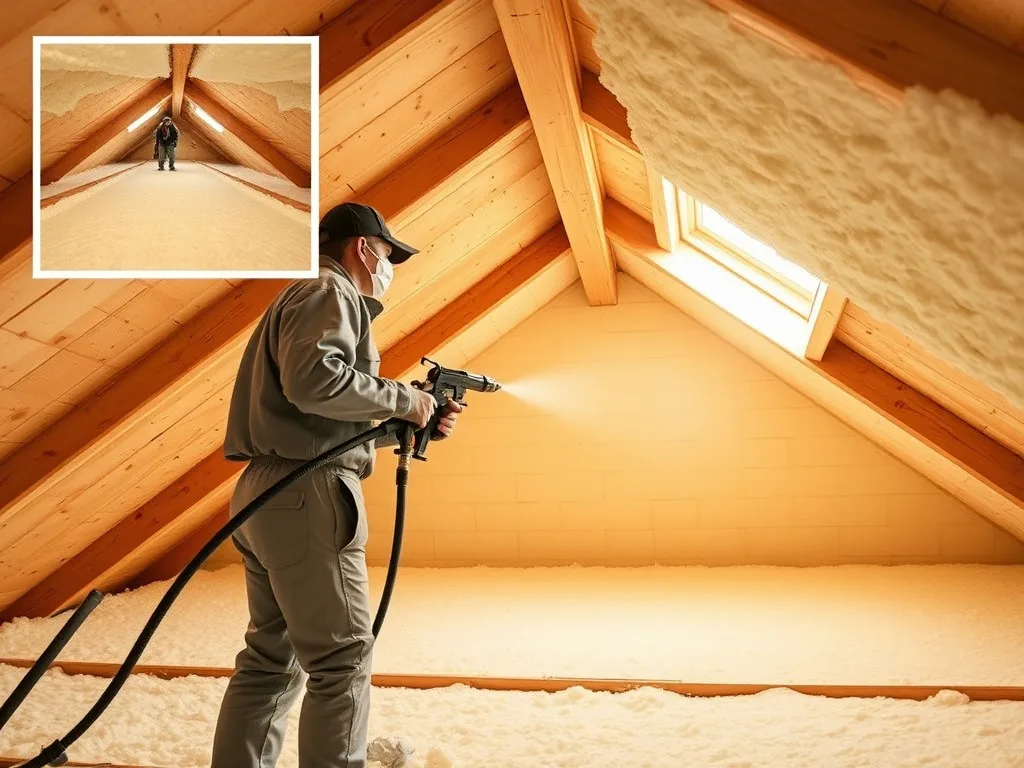 Technician spray-applying closed-cell spray foam insulation into an attic roof deck in St. George, Utah