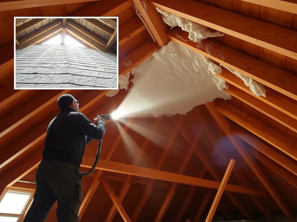 Technician spraying foam insulation onto an attic roof deck